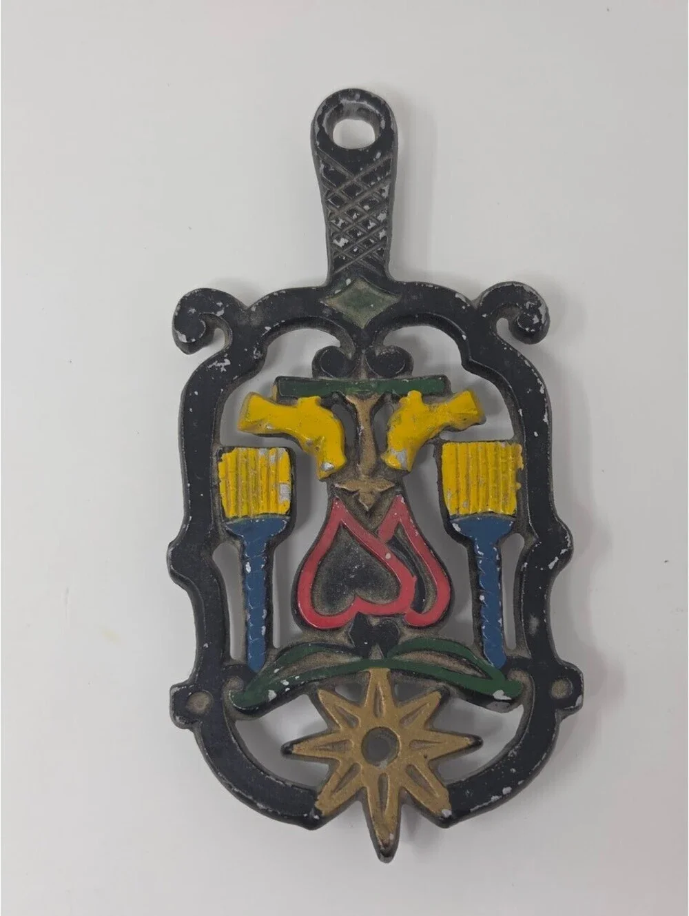 Vintage Cast Iron Trivet Wall Hanging With Floral Candle And Heart Motif Decor